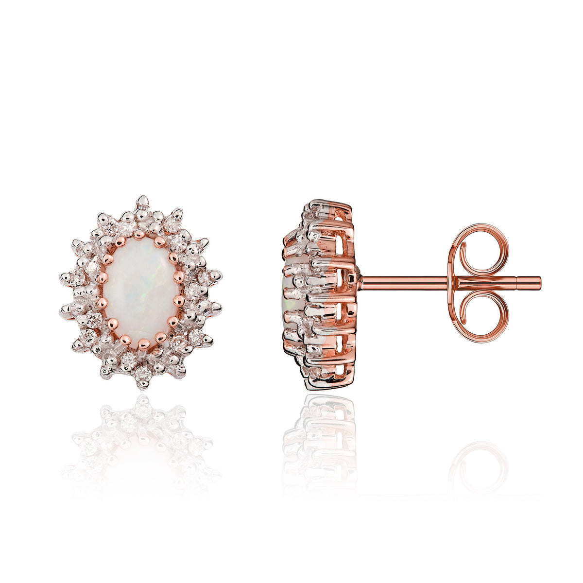 9CT RG 6X4 OVAL OPAL AND DIAMOND CLAW CLUSTER EARRINGS. RHODIUM TO DIAMONDS