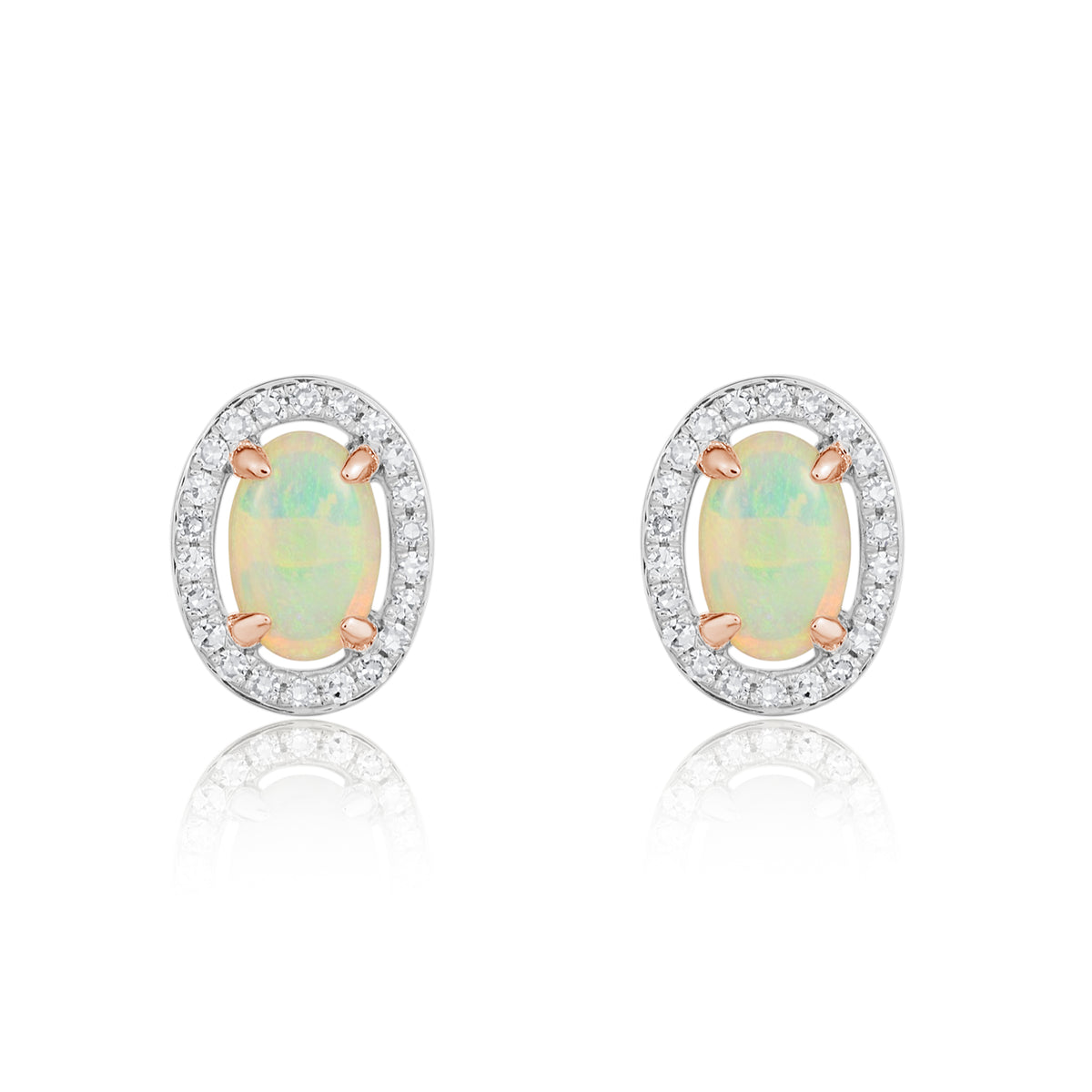 9CT ROSE GOLD OVAL 6X4 OPAL & DIAMOND HALO EARRINGS