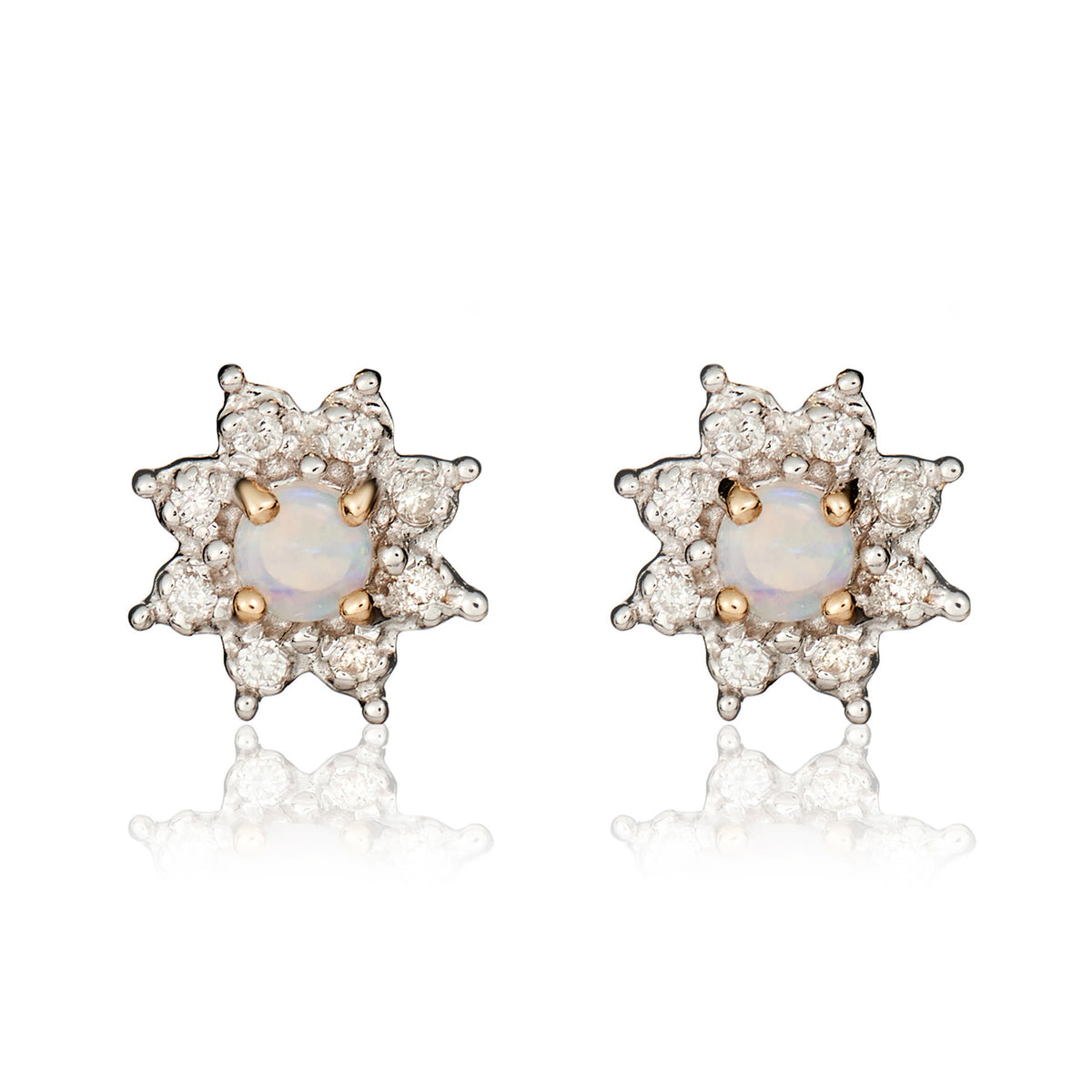 9CT YELLOW GOLD ROUND OPAL AND DIAMOND CLAW CLUSTER EARRINGS