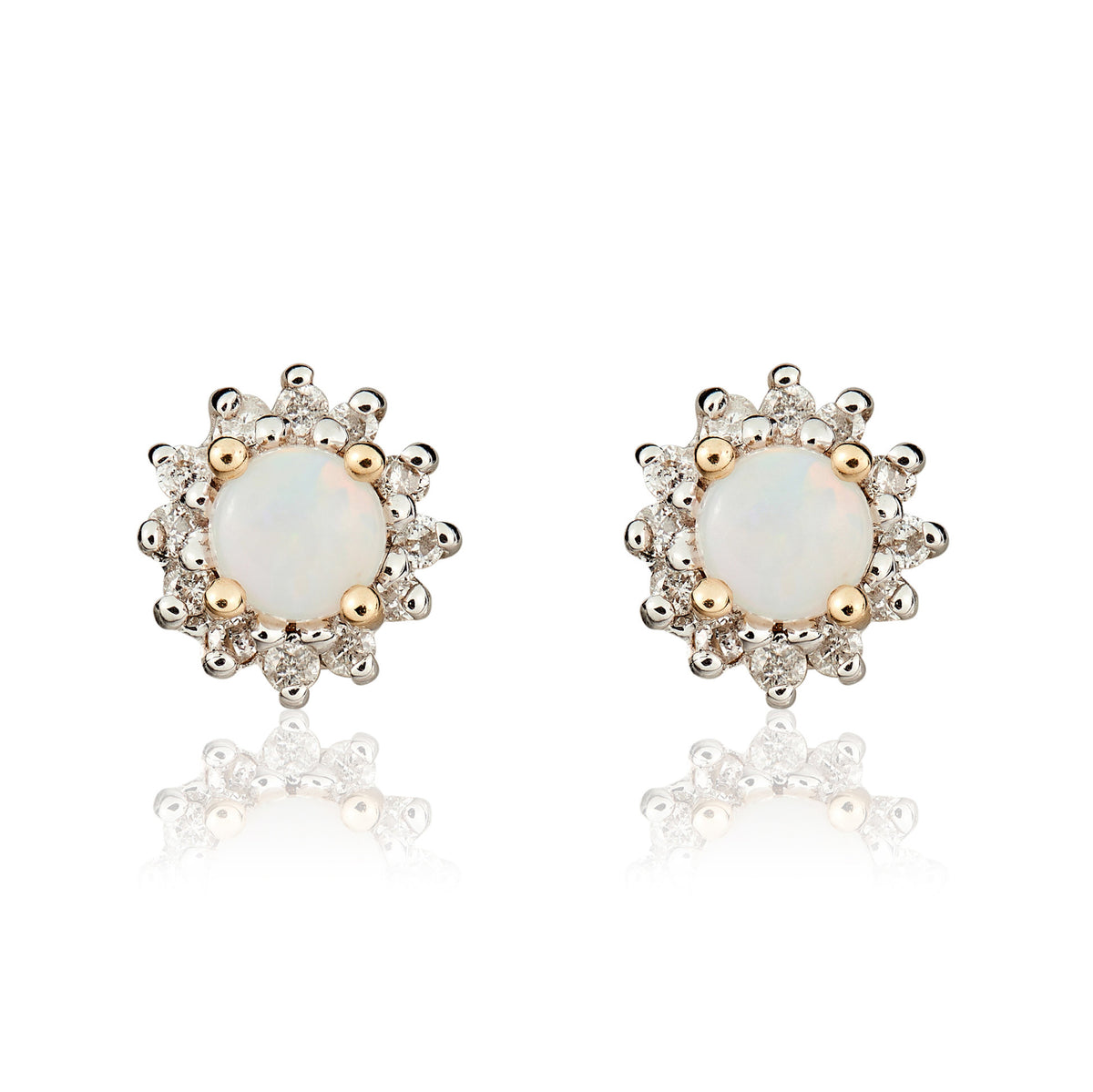 9CT YG 3MM ROUND OPAL AND DIAMOND CLAW CLUSTER EARRINGS. RHODIUM TO DIAMONDS