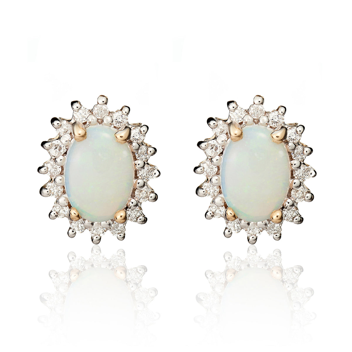 9CT YG 7X5 OVAL OPAL & DIAMOND CLAW SET CLUSTER EARRINGS. RHODIUM TO DIAMONDS