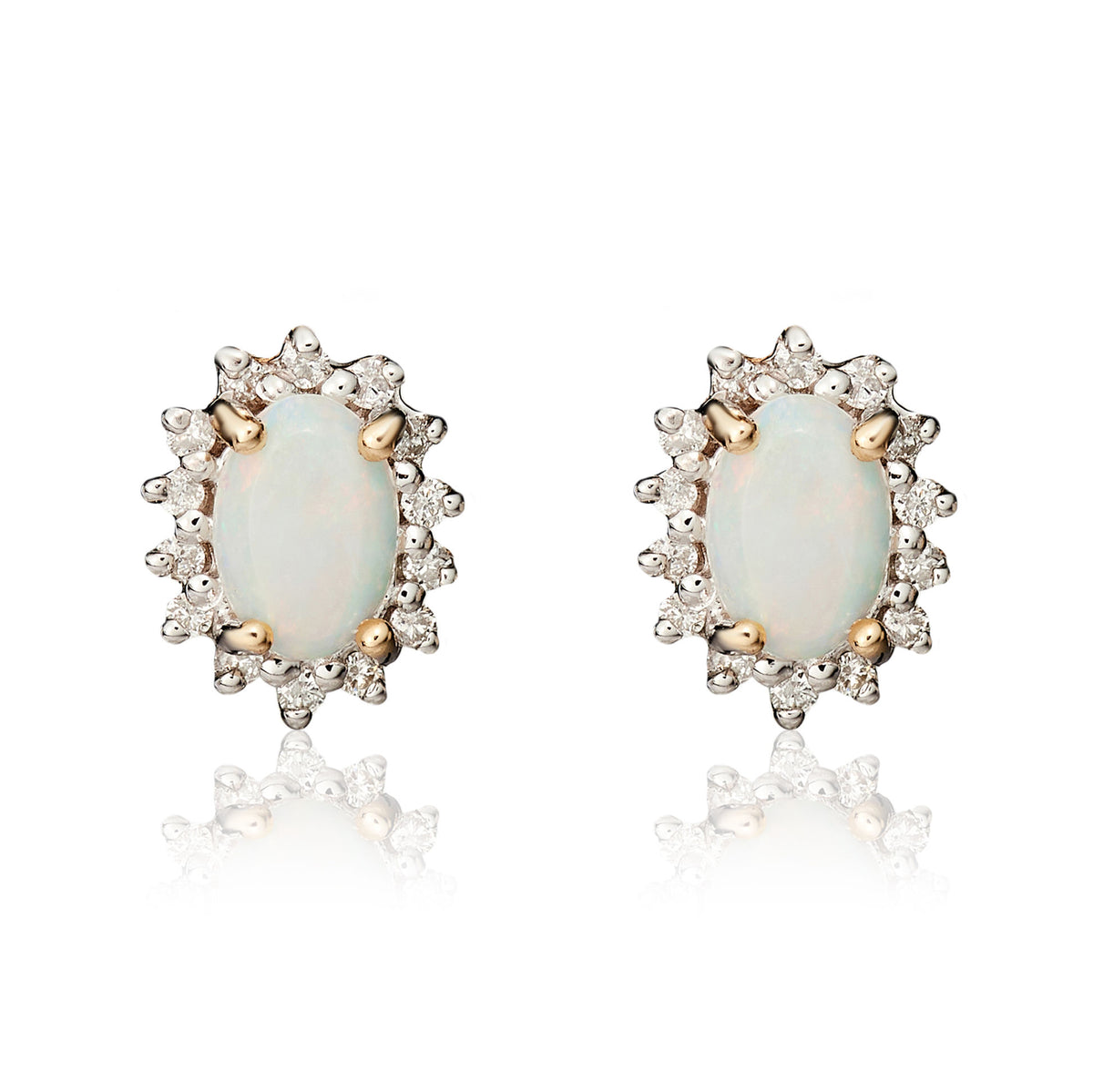 9CT YG 6X4 OVAL OPAL & DIAMOND CLAW SET CLUSTER EARRINGS. RHODIUM TO DIAMONDS