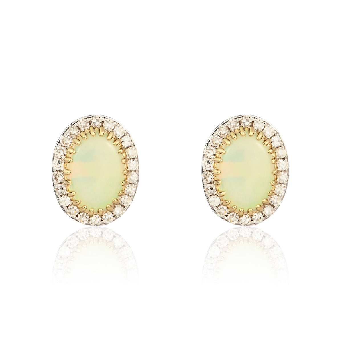 9CT YELLOW GOLD OVAL OPAL AND ROUND DIAMOND CLAW SET CLUSTER EARRINGS