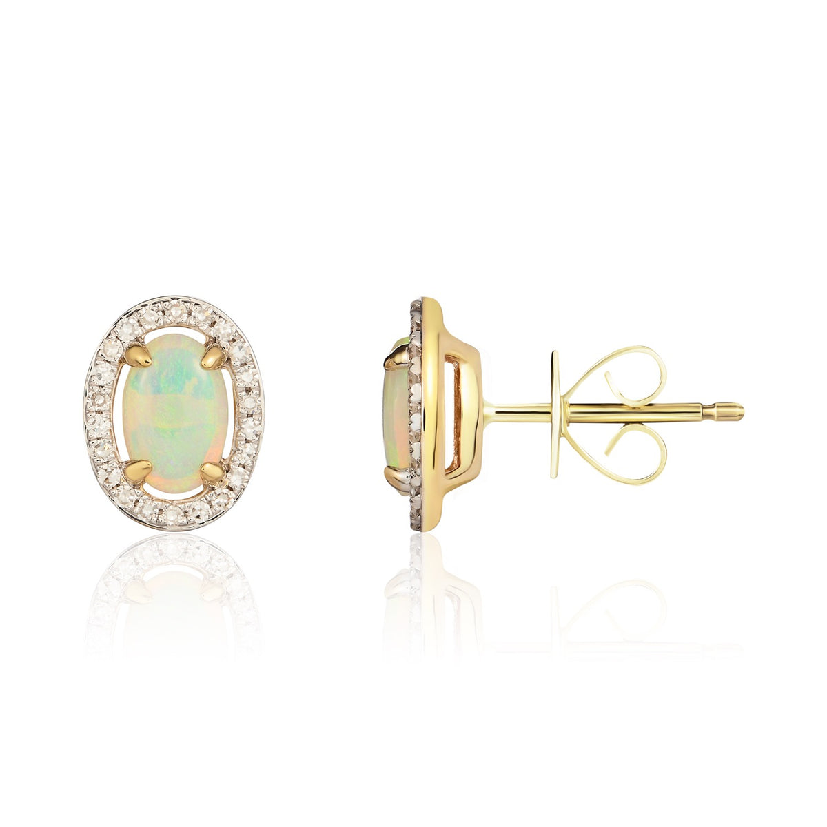 9CT YG 6X4 OVAL OPAL & ROUND DIAMOND CLAW SET CLUSTER EARRINGS. RHODIUM TO DIAMONDS