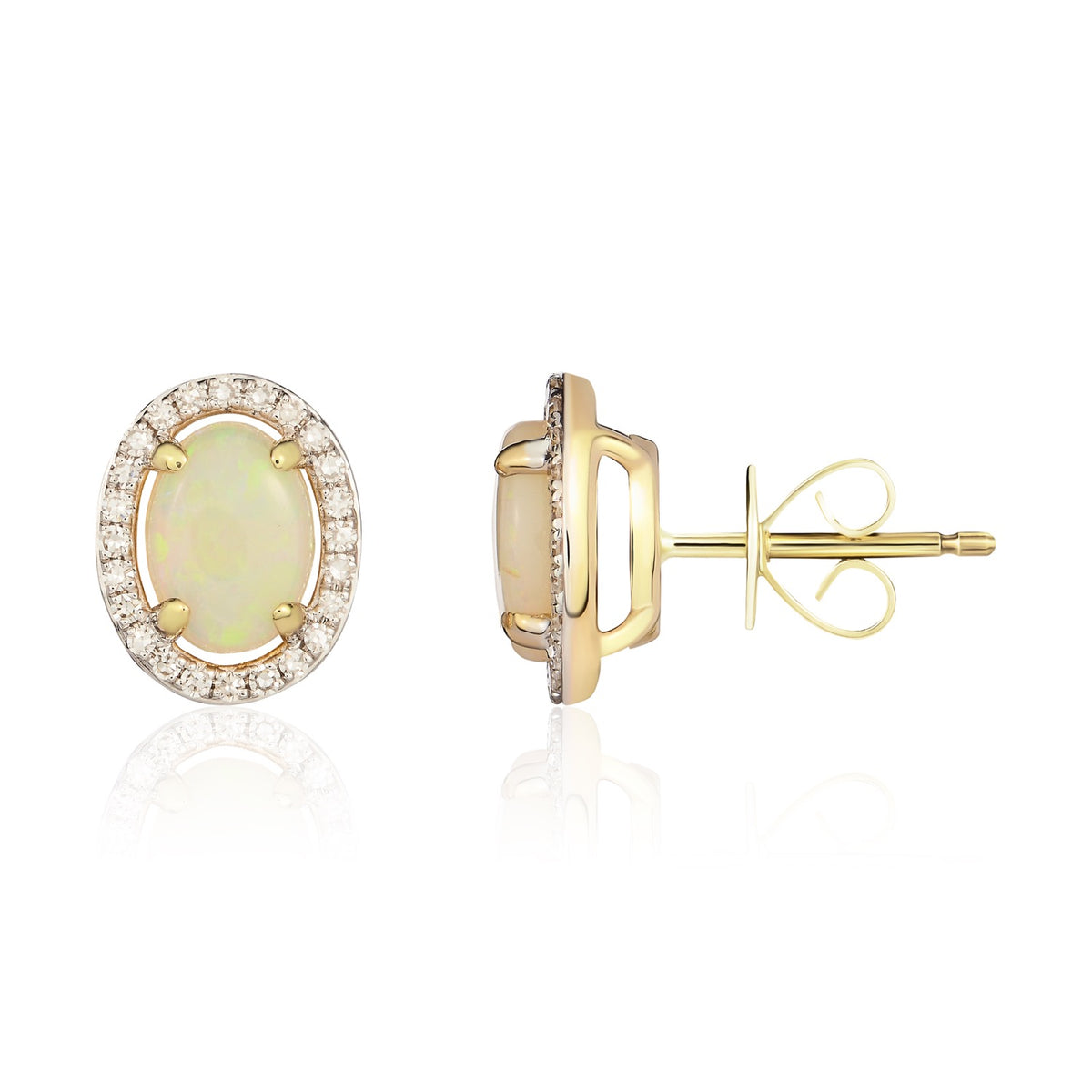 9CT YG 7X5 OVAL OPAL & ROUND DIAMOND CLAW SET CLUSTER EARRINGS. RHODIUM TO DIAMONDS