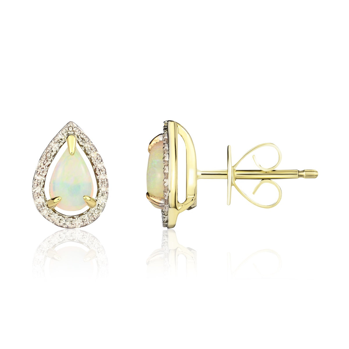 9CT YG 6X4 PEARSHAPE OPAL & DIAMOND HALO CLUSTER EARRINGS. RHODIUM TO DIAMONDS