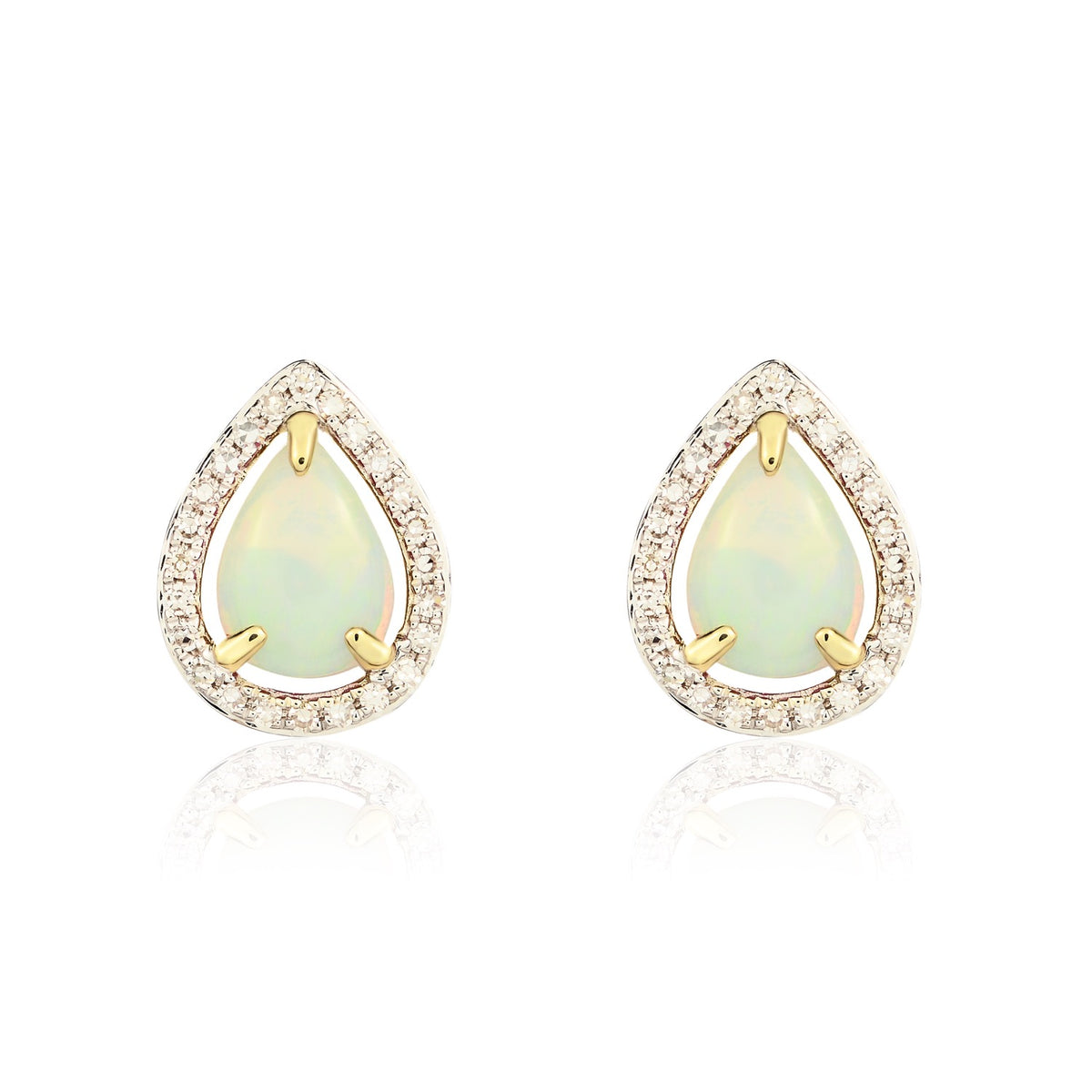 9CT YG 7X5 PEARSHAPE OPAL & DIAMOND HALO CLUSTER EARRINGS. RHODIUM TO DIAMONDS