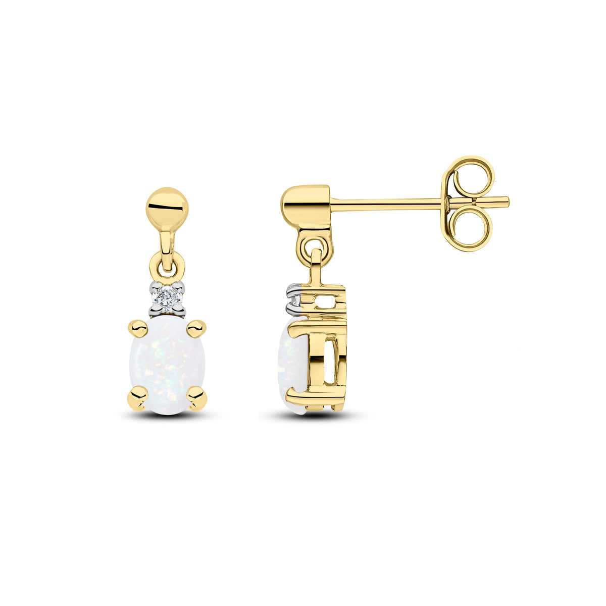 9CT YG OVAL OPAL & DIAMOND CLAW SET 2 STONE DROP EARRINGS WITH BEAD STUD TOP