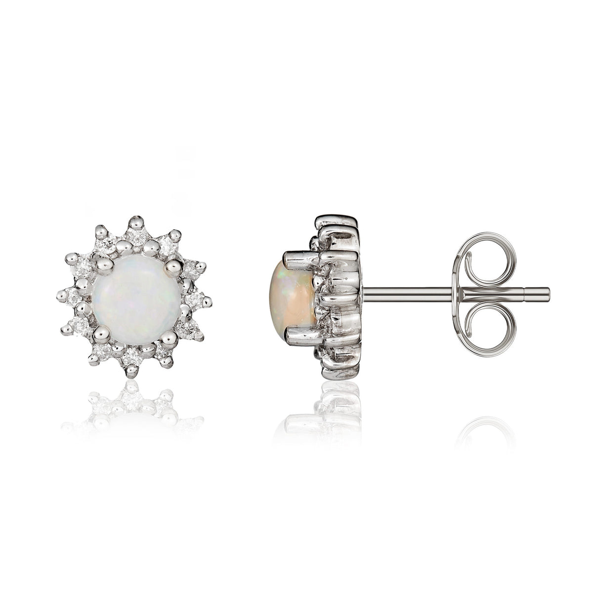9CT WG 4MM ROUND OPAL & DIAMOND CLAW SET CLUSTER EARRINGS