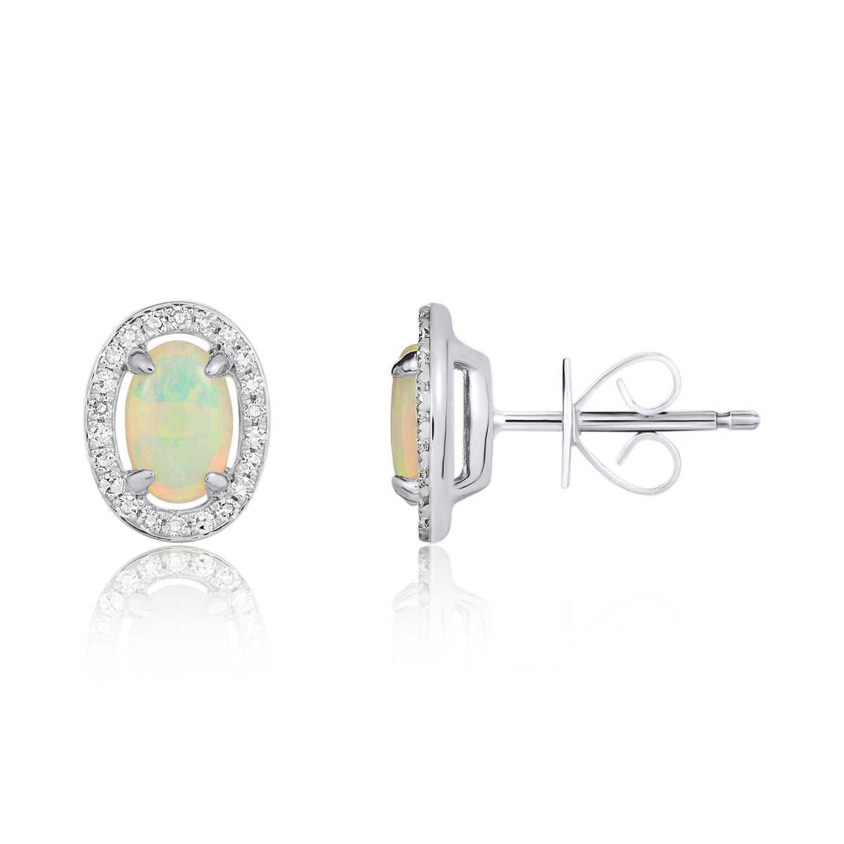 9CT WG 6X4 OVAL OPAL & ROUND DIAMOND CLAW SET CLUSTER EARRINGS