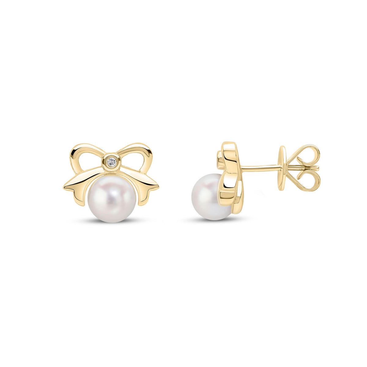 9CT YG 5.5-6MM CULTURED PEARL AND DIAMOND BOW STUD EARRINGS