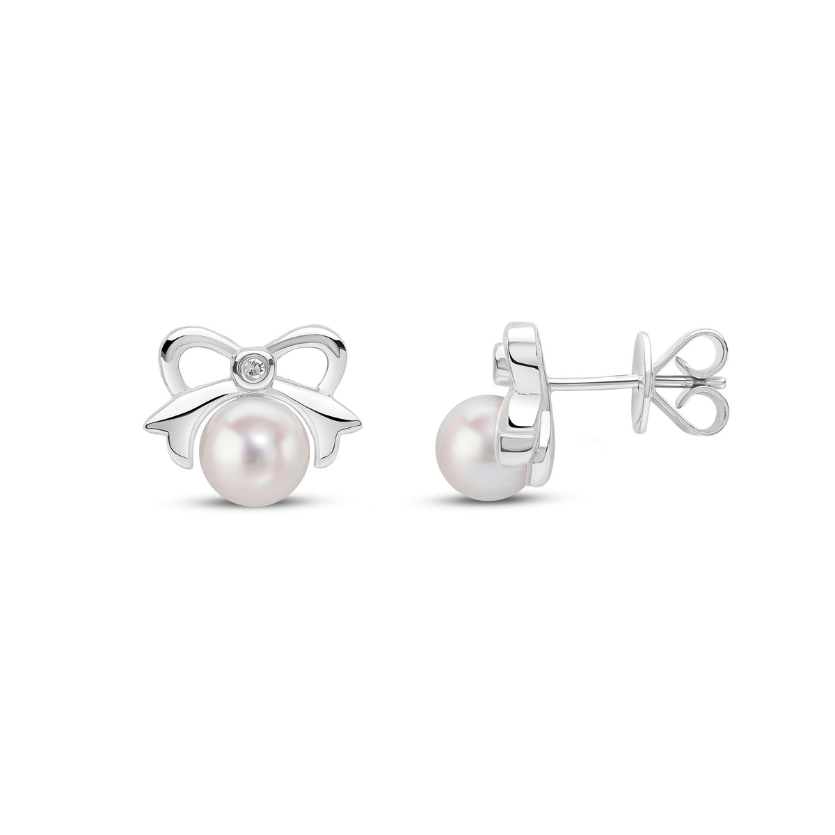 9CT WG 5.5-6MM CULTURED PEARL AND DIAMOND BOW STUD EARRINGS