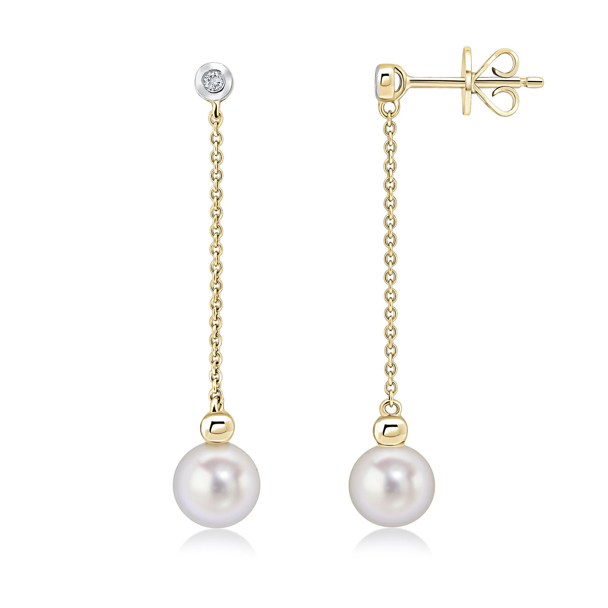9CT YG RUBOVER DIAMOND, CHAIN AND CULTURED FRESHWATER PEARL DROP EARRINGS