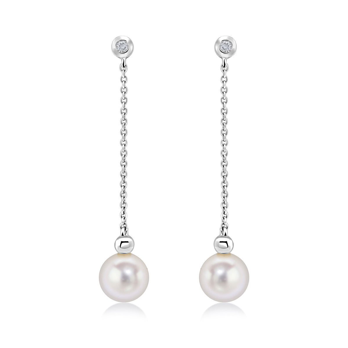 9CT WG RUBOVER DIAMOND, CHAIN AND CULTURED FRESHWATER PEARL DROP EARRINGS