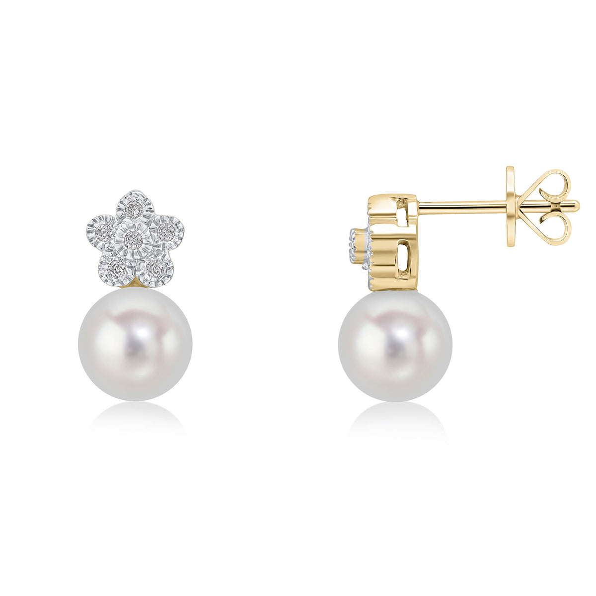 9CT YG DIAMOND FLOWER CLUSTER TOP AND CFW PEARL EARRINGS