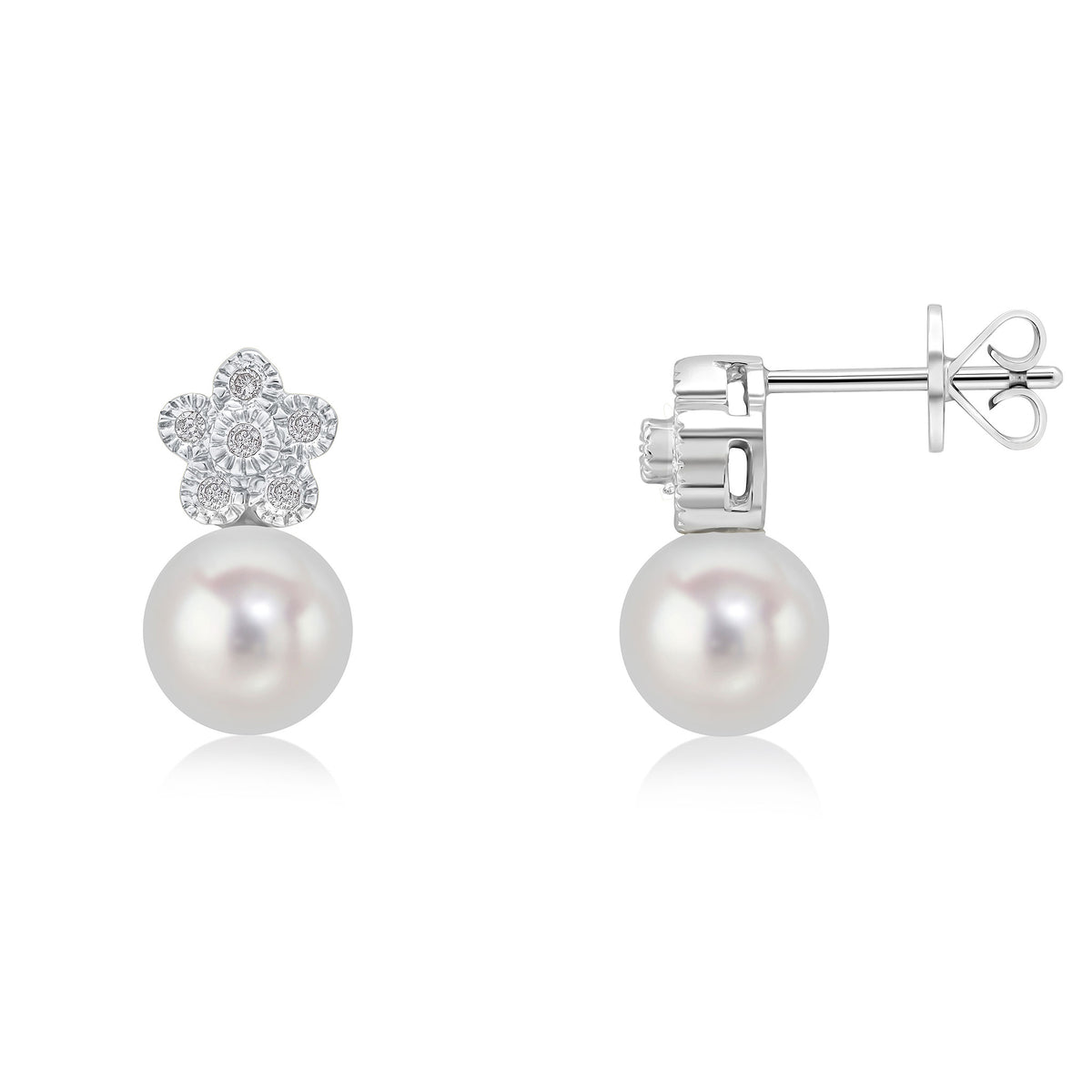 9CT WG DIAMOND FLOWER CLUSTER TOP AND CFW PEARL EARRINGS