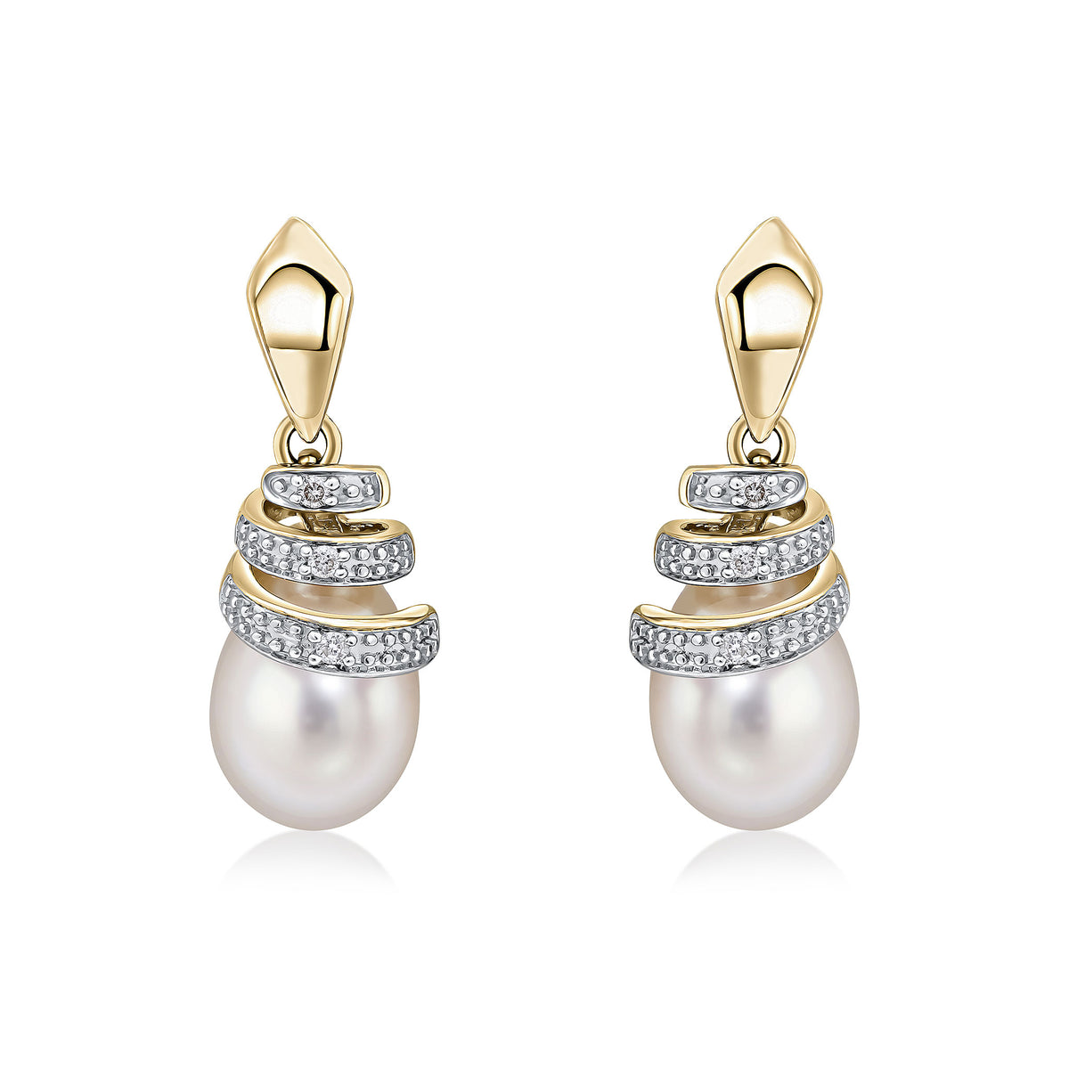 9CT YG GRAIN SET DIAMOND SPIRAL TOP & CFW PEARL DROP EARRINGS