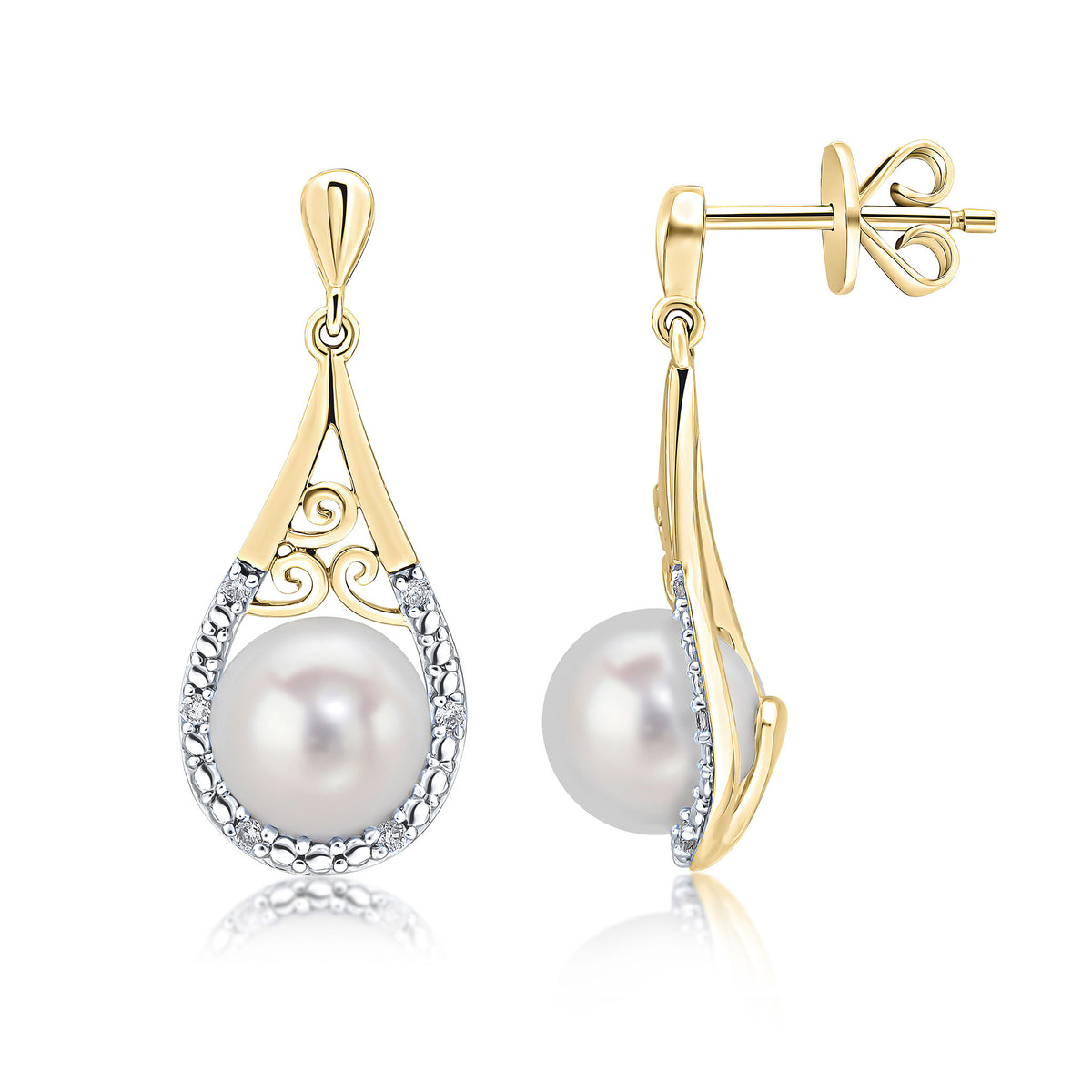 9CT YG CFW PEARL & GRAIN SET DIAMOND PEARSHAPE DROP EARRINGS. RHODIUM TO DIAMONDS