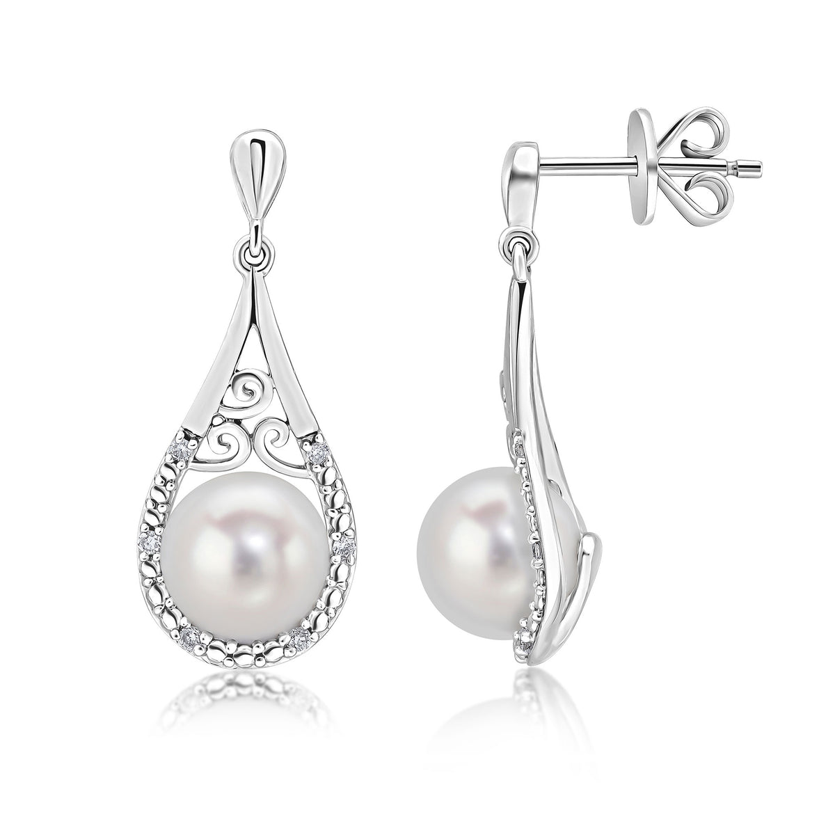 9CT WG CFW PEARL & GRAIN SET DIAMOND PEARSHAPE DROP EARRINGS