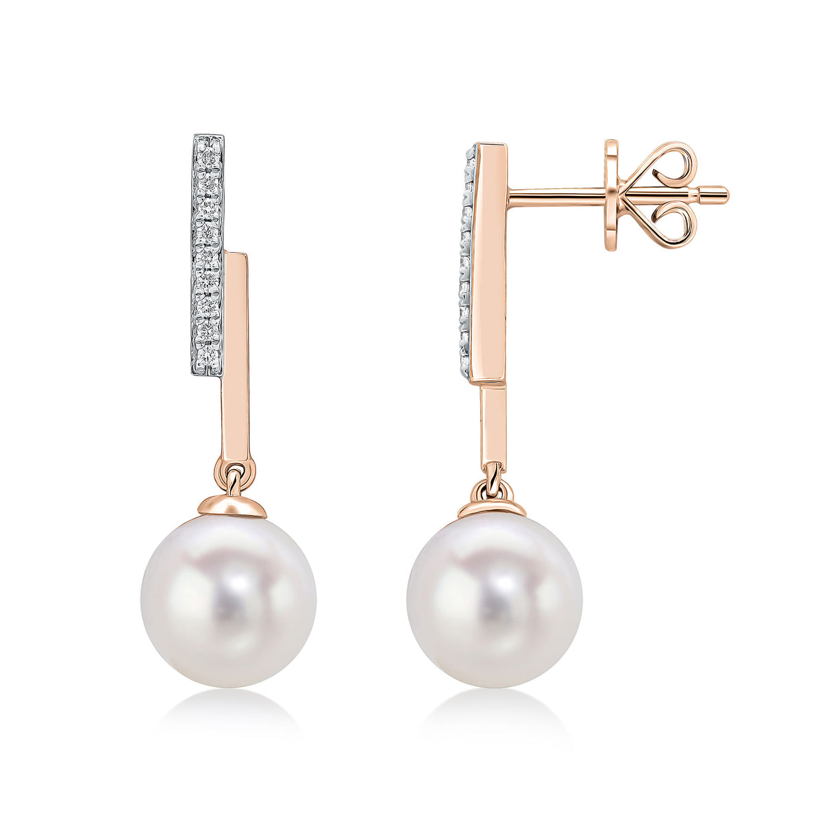 9CT RG POLISHED BAR AND DIAMOND LINE TOP, ROUND CFW PEARL DROP EARRINGS