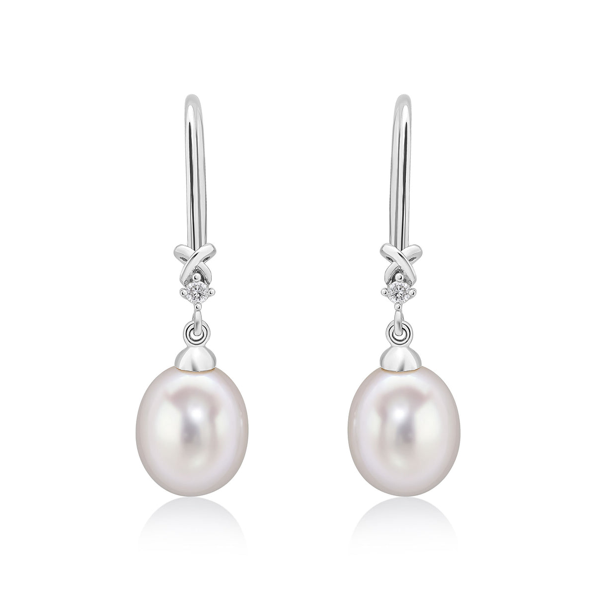 9CT WG CULTURED FRESHWATER PEARL AND DIAMOND 2ST WIRE HOOK DROPS