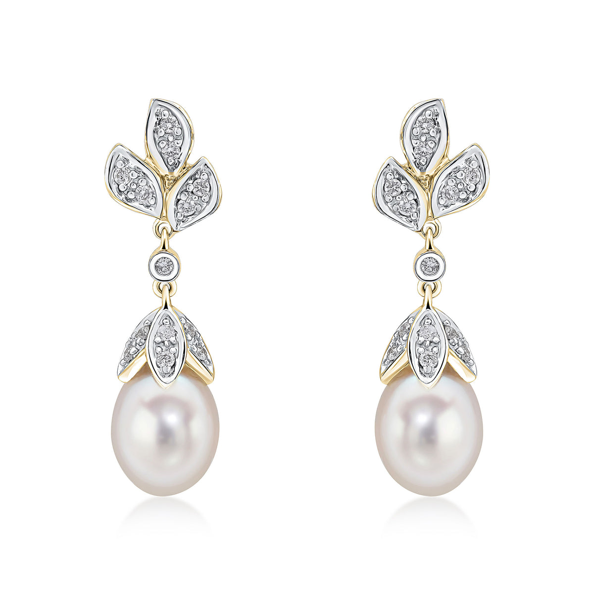 9CT YG CFW PEARL AND DIAMOND SET FLORAL DROP EARRINGS