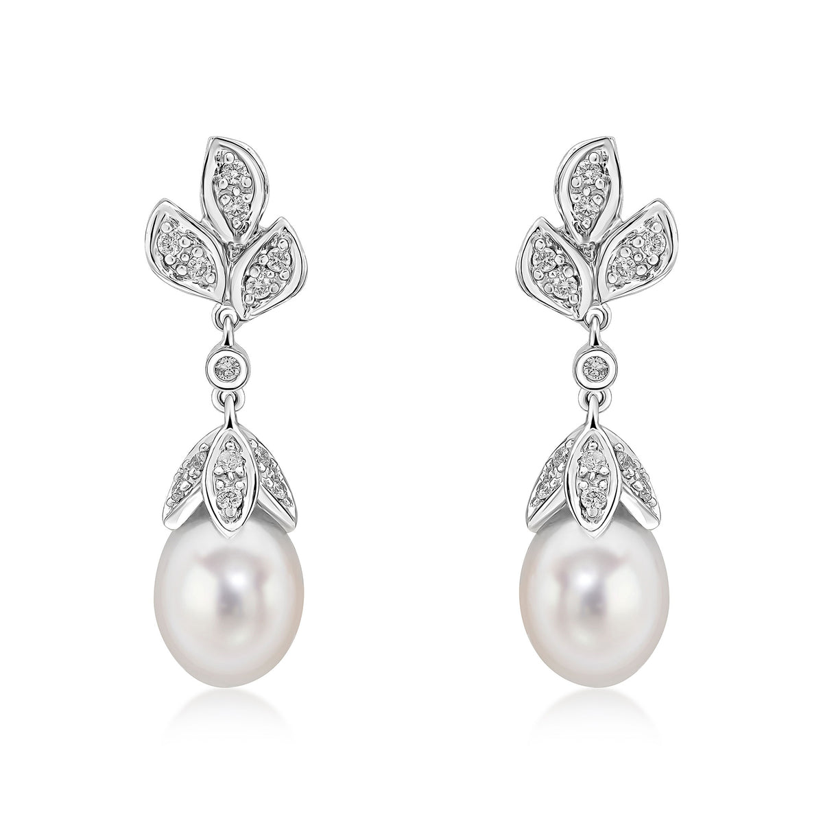 9CT WG CFW PEARL AND DIAMOND SET FLORAL DROP EARRINGS