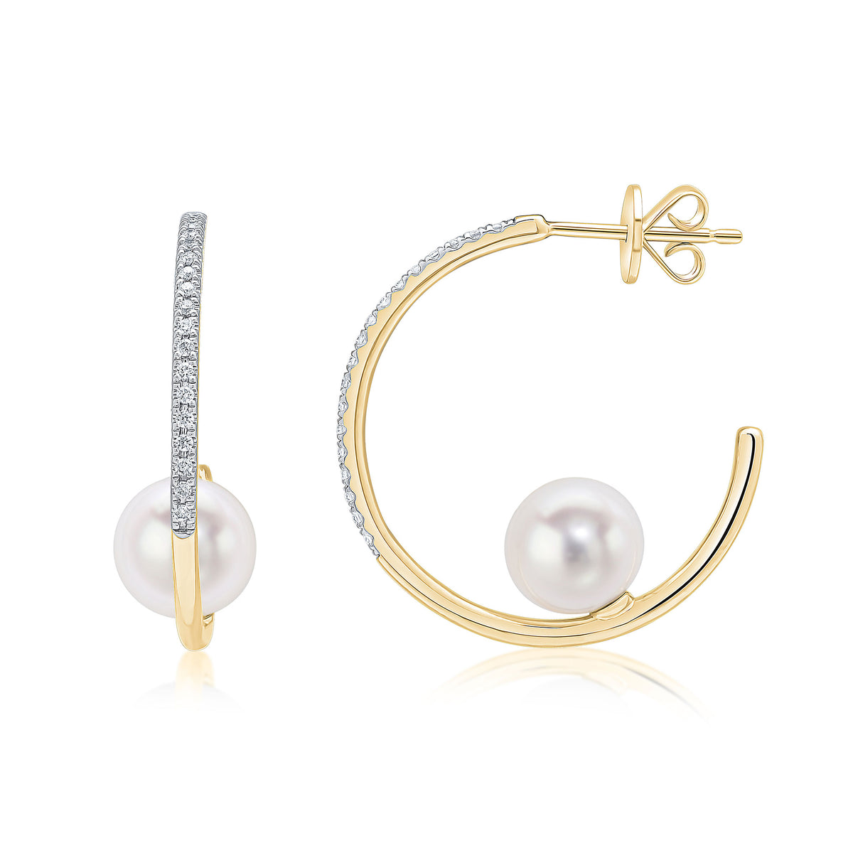 9CT YG DIAMOND HOOP EARRINGS WITH 7MM PEARL. RHODIUM TO DIAMONDS