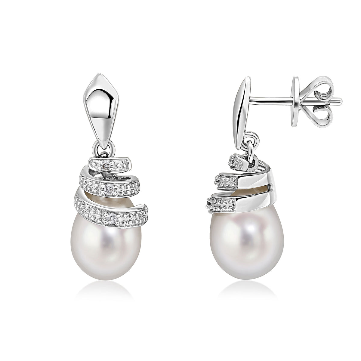 9CT WG GRAIN SET DIAMOND SPIRAL TOP & CFW PEARL DROP EARRINGS