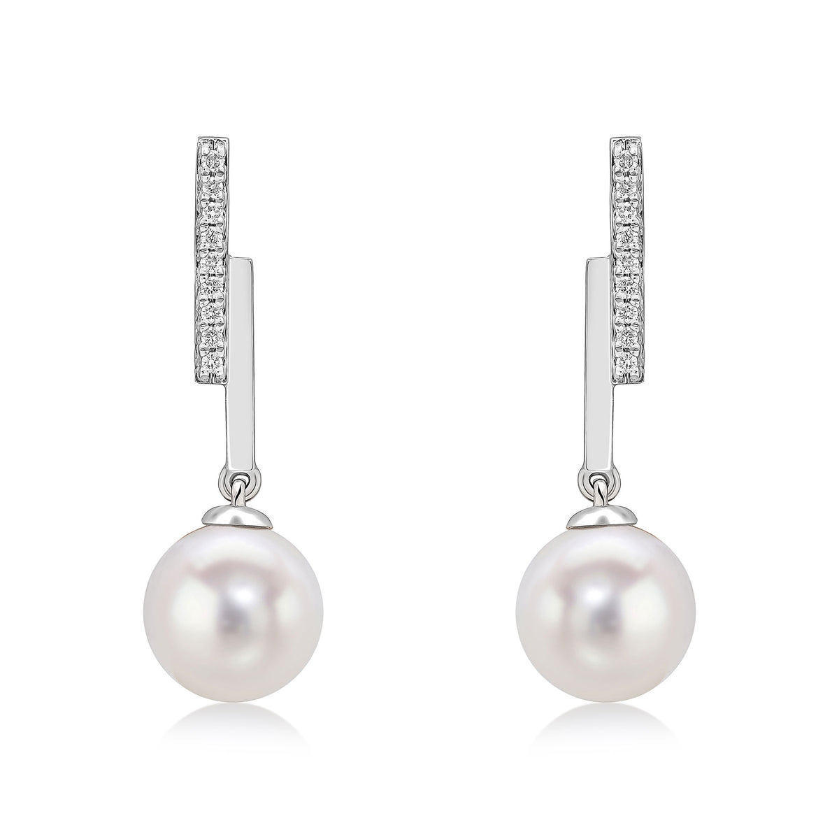 9CT WG POLISHED BAR AND DIAMOND LINE TOP, ROUND CFW PEARL DROP EARRINGS