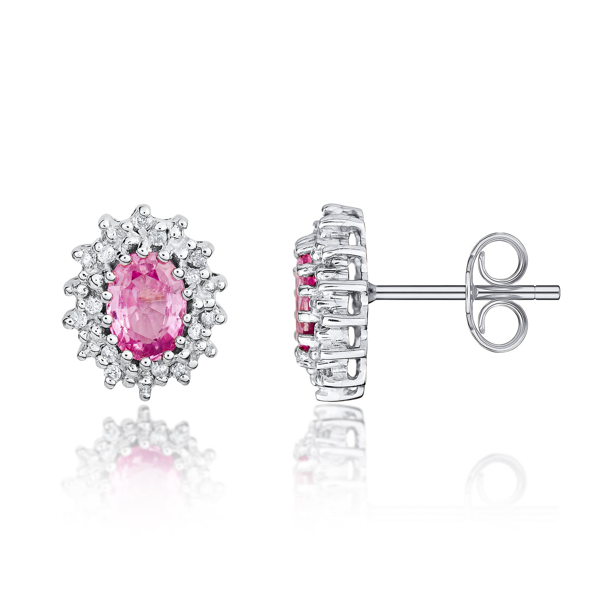 9CT WG  6X4 OVAL PINK SAPPHIRE AND DIAMOND CLAW CLUSTER EARRINGS