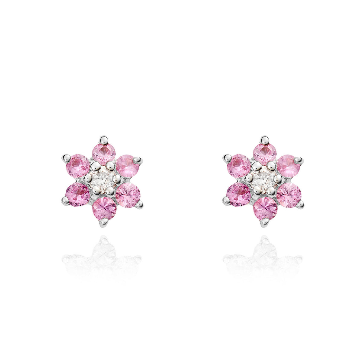 9CT WHITE GOLD ROUND PINK SAPPHIRE AND ROUND DIAMOND 6X1 REVERSE CLUSTER CLAW EARRINGS