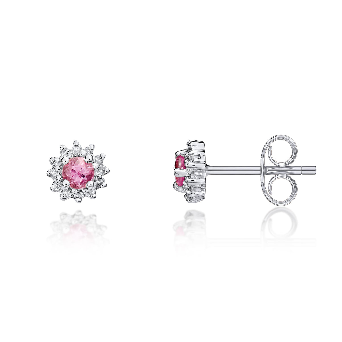9CT WG 3MM ROUND PINK SAPPHIRE AND DIAMOND CLAW CLUSTER EARRINGS