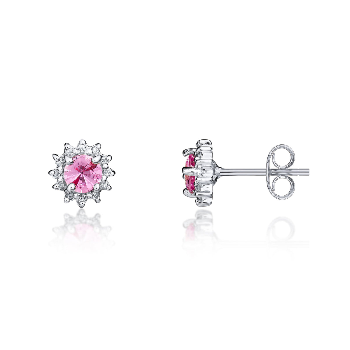 9CT WG 4MM ROUND PINK SAPPHIRE & DIAMOND CLAW SET CLUSTER EARRINGS * STONE SHORTAGE SO CURRENTLY UNABLE TO ORDER *
