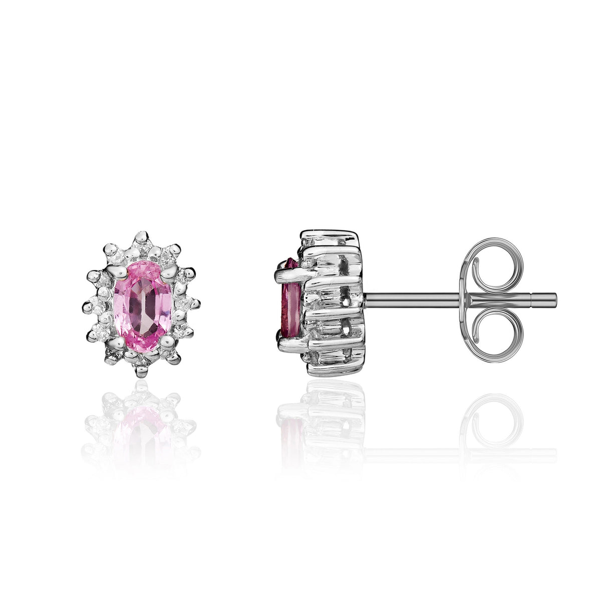 9CT WG 5X3 OVAL PINK SAPPHIRE & DIAMOND CLAW SET CLUSTER EARRINGS