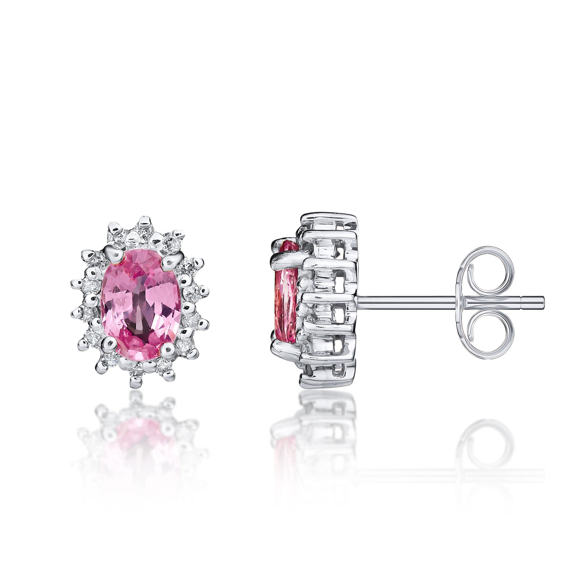 9CT WG 6X4 OVAL PINK SAPPHIRE & DIAMOND CLAW SET CLUSTER EARRINGS