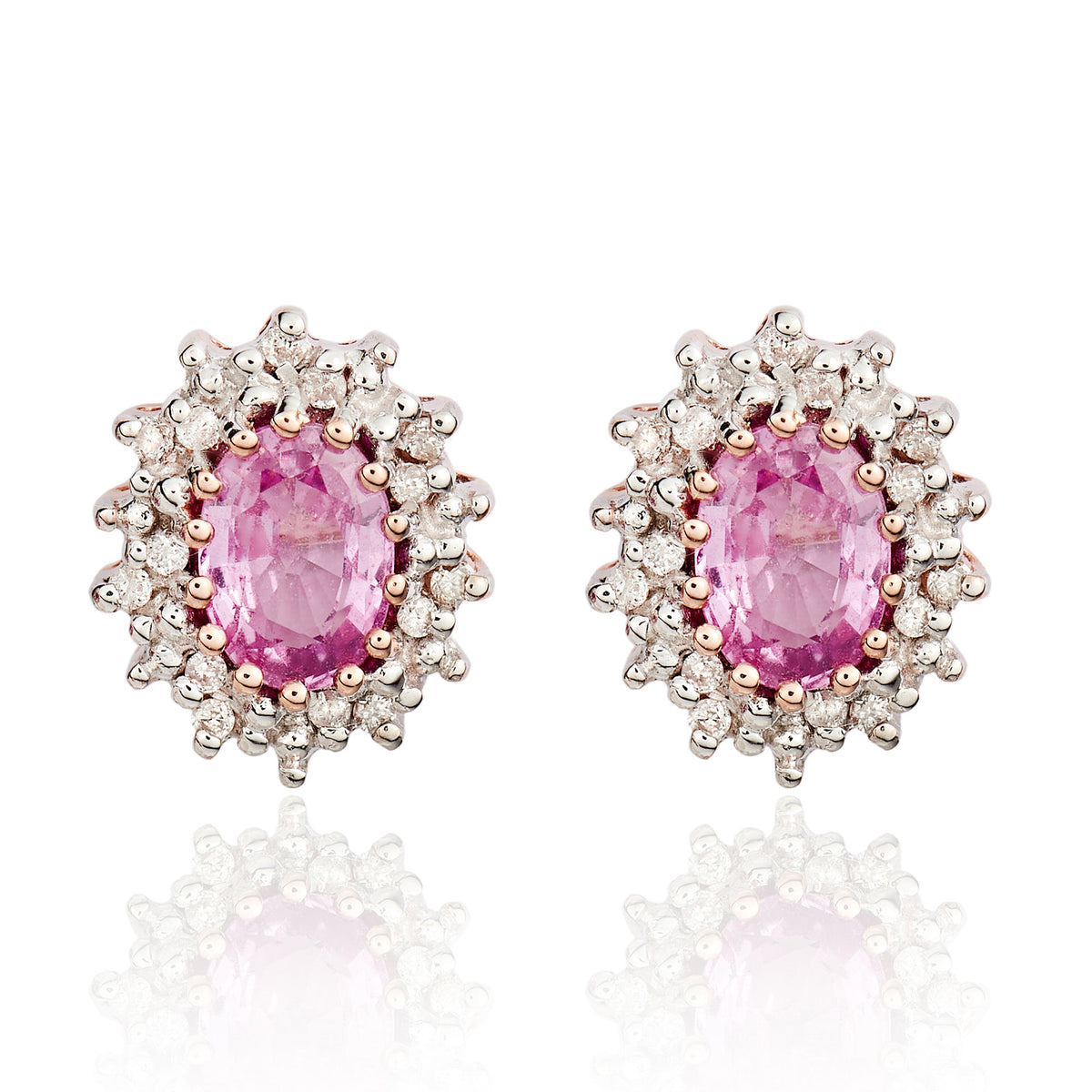 9CT RG 6X4 OVAL PINK SAPPHIRE & DIAMOND CLAW SET CLUSTER EARRINGS. RHODIUM TO DIAMONDS