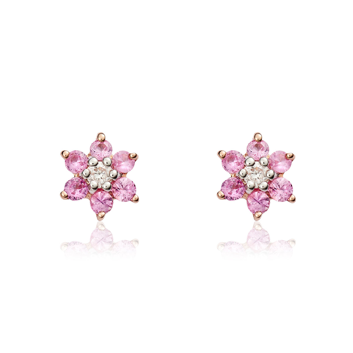 9CT RG ROUND PINK SAPPHIRE AND DIAMOND CLAW SET REVERSE CLUSTER EARRINGS