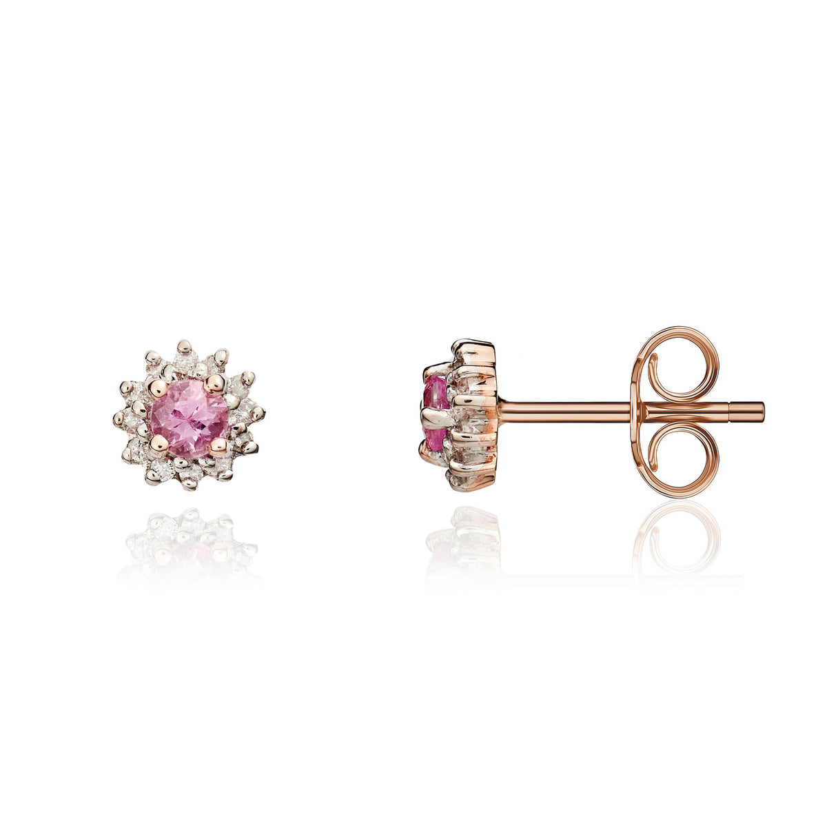 9CT RG 3MM ROUND PINK SAPPHIRE AND DIAMOND CLAW CLUSTER EARRINGS. RHODIUM TO DIAMONDS