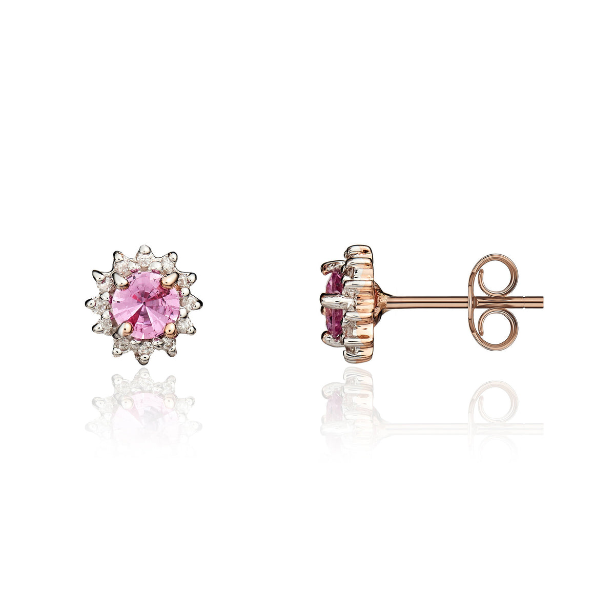 9CT RG 4MM ROUND PINK SAPPHIRE & DIAMOND CLAW SET CLUSTER EARRINGS. RHODIUM TO DIAMONDS.* STONE SHORTAGE SO CURRENTLY UNABLE TO ORDER *