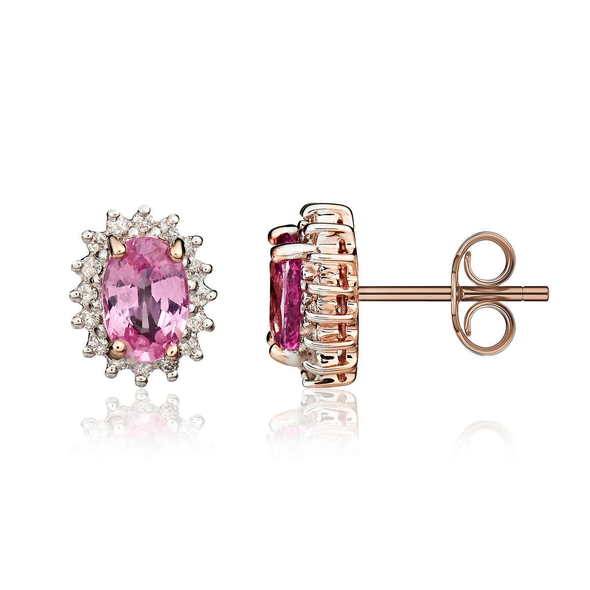 9CT RG OVAL PINK SAPPHIRE AND DIAMOND CLAW CLUSTER EARRINGS. RHODIUM TO DIAMONDS.  * STONES UNAVAILABLE SO CANNOT ORDER *