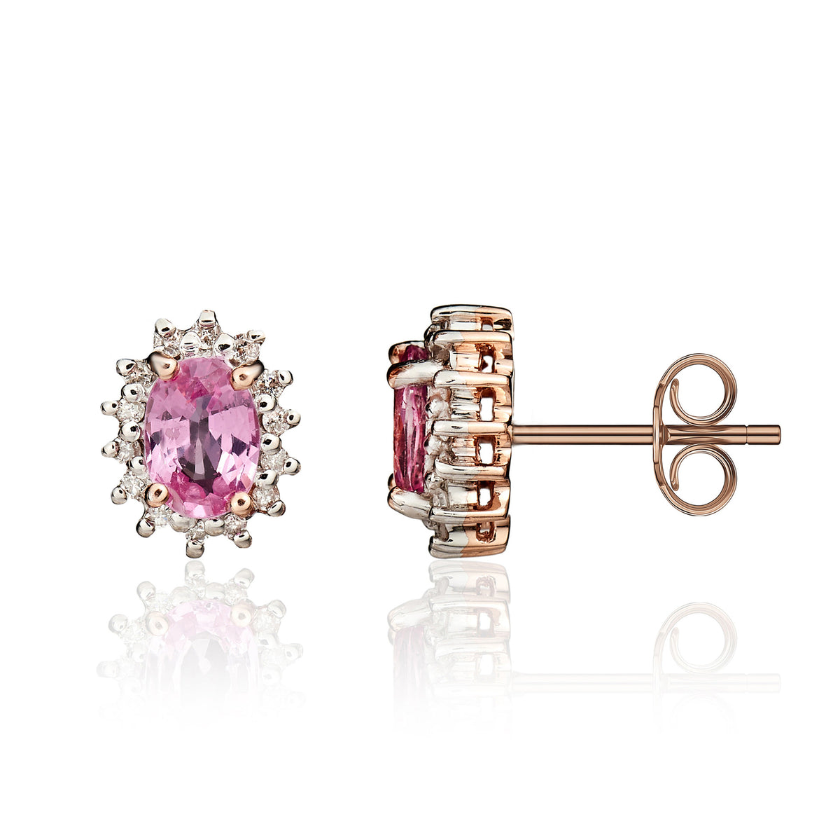 9CT RG 6X4 OVAL PINK SAPPHIRE AND DIAMOND CLAW SET CLUSTER EARRINGS. RHODIUM TO DIAMONDS