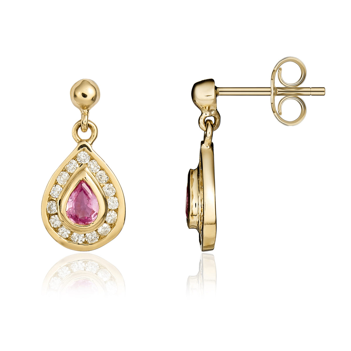 9YG PEAR PINK SAPPHIRE & DIAMOND DROP EARRINGS
