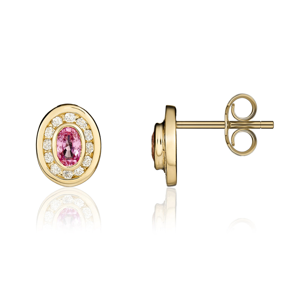 9YG OVAL PINK SAPPHIRE & DIAMOND CLUSTER STUD EARRINGS