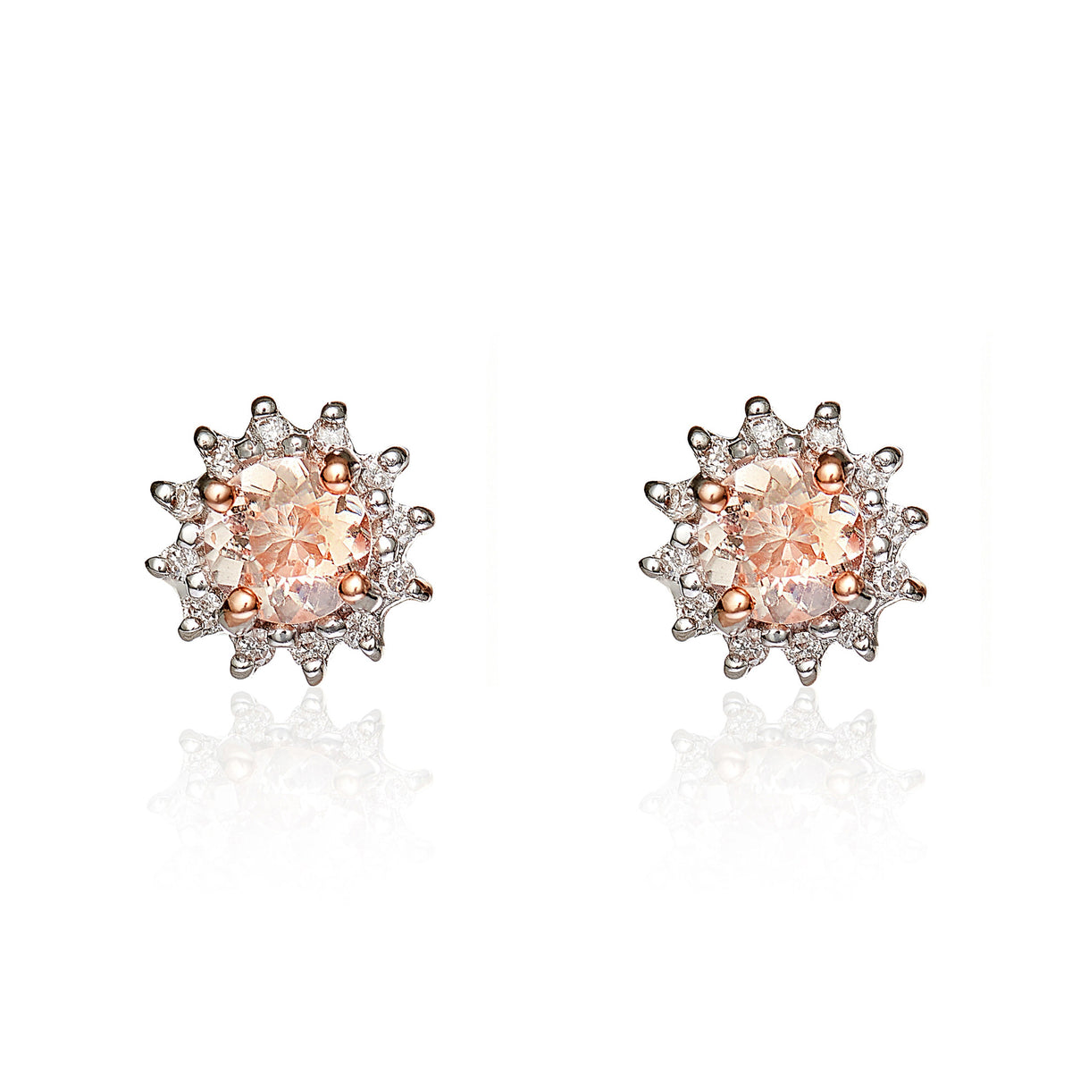9CT RG 4MM ROUND MORGANITE & DIAMOND CLAW SET CLUSTER EARRINGS. RHODIUM TO DIAMONDS