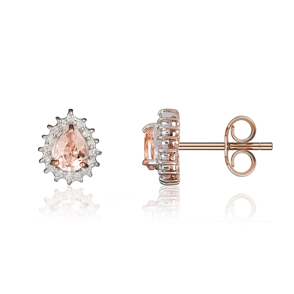 9CT RG 5X4 PEARSHAPE MORGANITE & DIAMOND CLAW CLUSTER EARRINGS