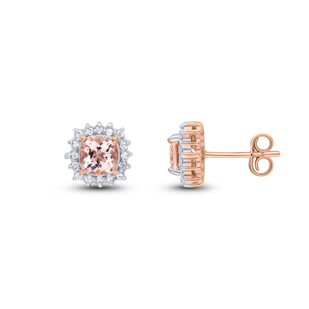 9CT RG 5MM CUSHION MORGANITE & DIAMOND CLUSTER EARRINGS