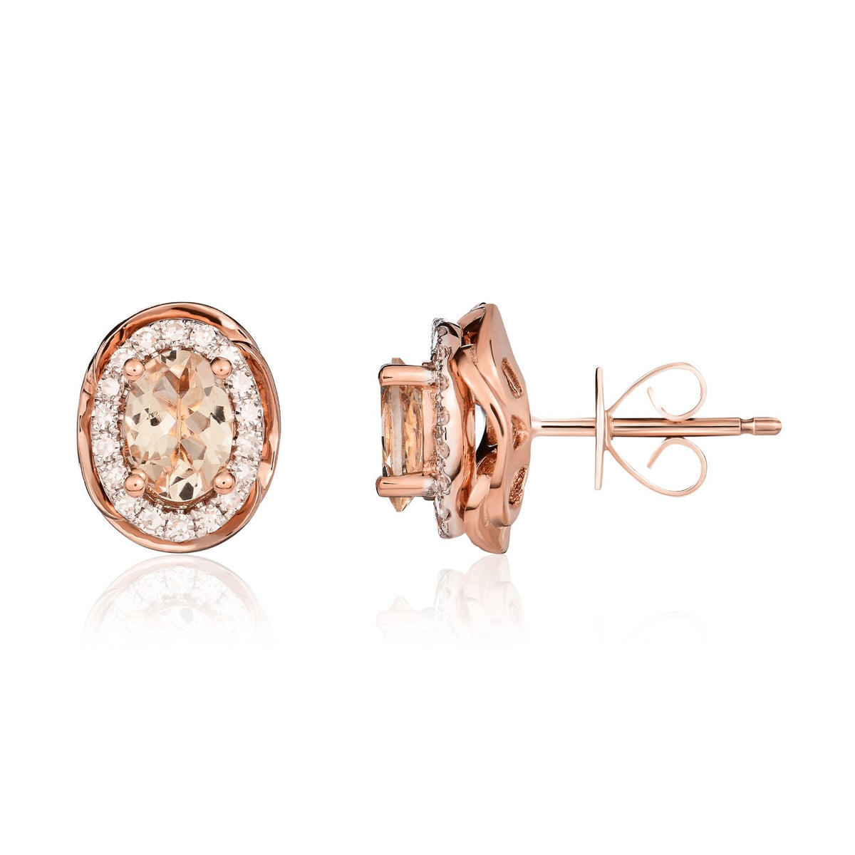 9CT RG 6X4 OVAL MORGANITE & DIAMOND CLUSTER EARRINGS WITH ROPE EDGE. RHODIUM TO DIAMONDS