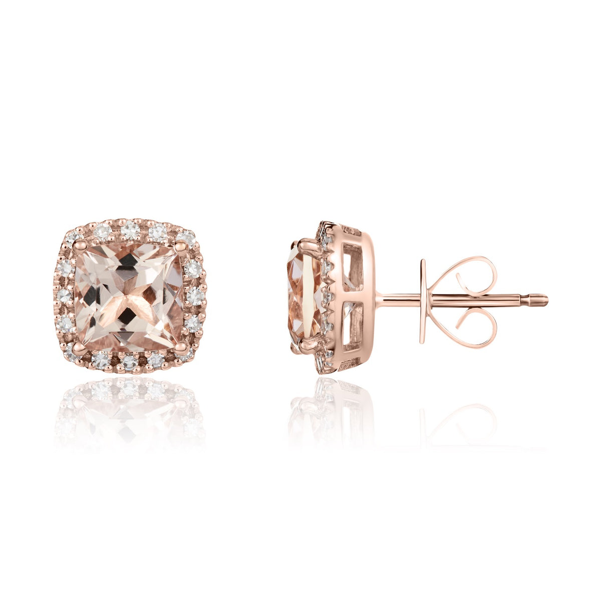 9CT RG 6MM CUSHION MORGANITE & DIAMOND CLAW SET CLUSTER EARRINGS. RHODIUM TO DIAMONDS