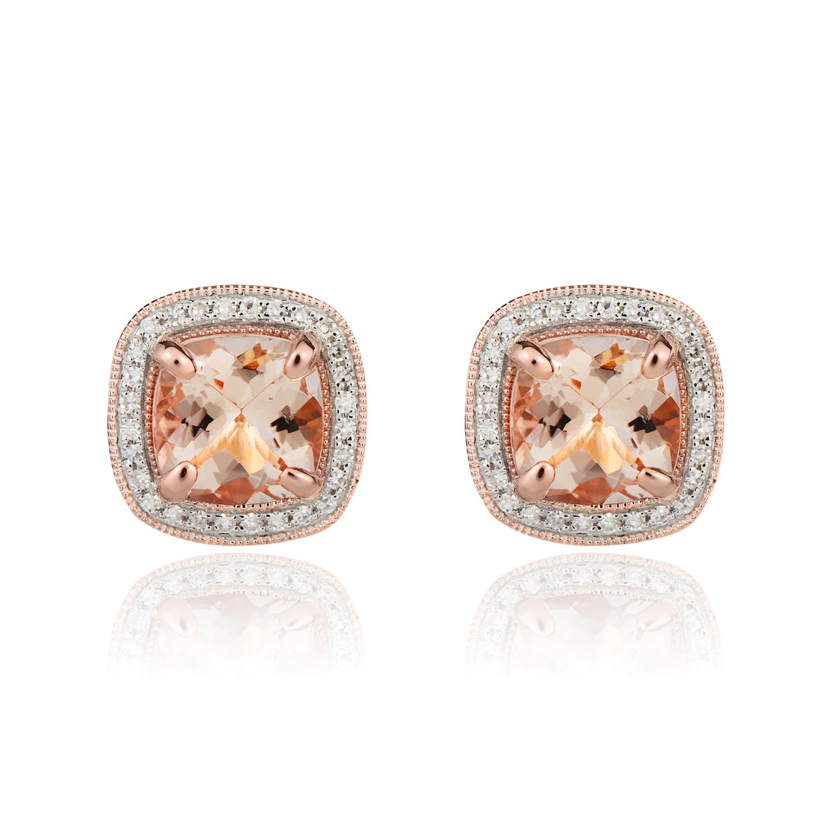 9CT RG 7MM CUSHION MORGANITE AND DIAMOND CLUSTER EARRINGS WITH MILLEGRAIN EDGE. RHODIUM TO DIAMONDS